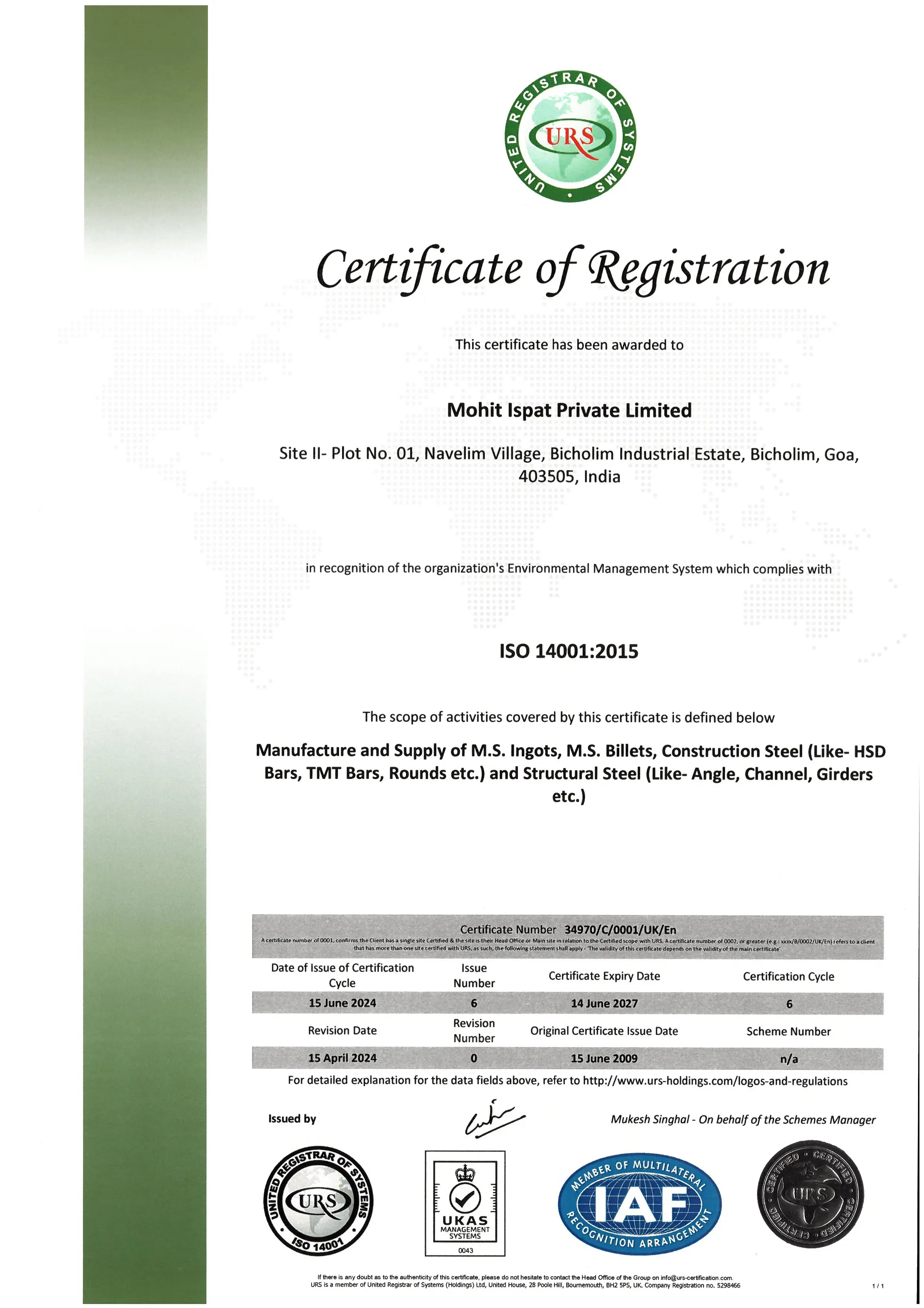 ISO 14001:2015 Environmental Management System Certificate