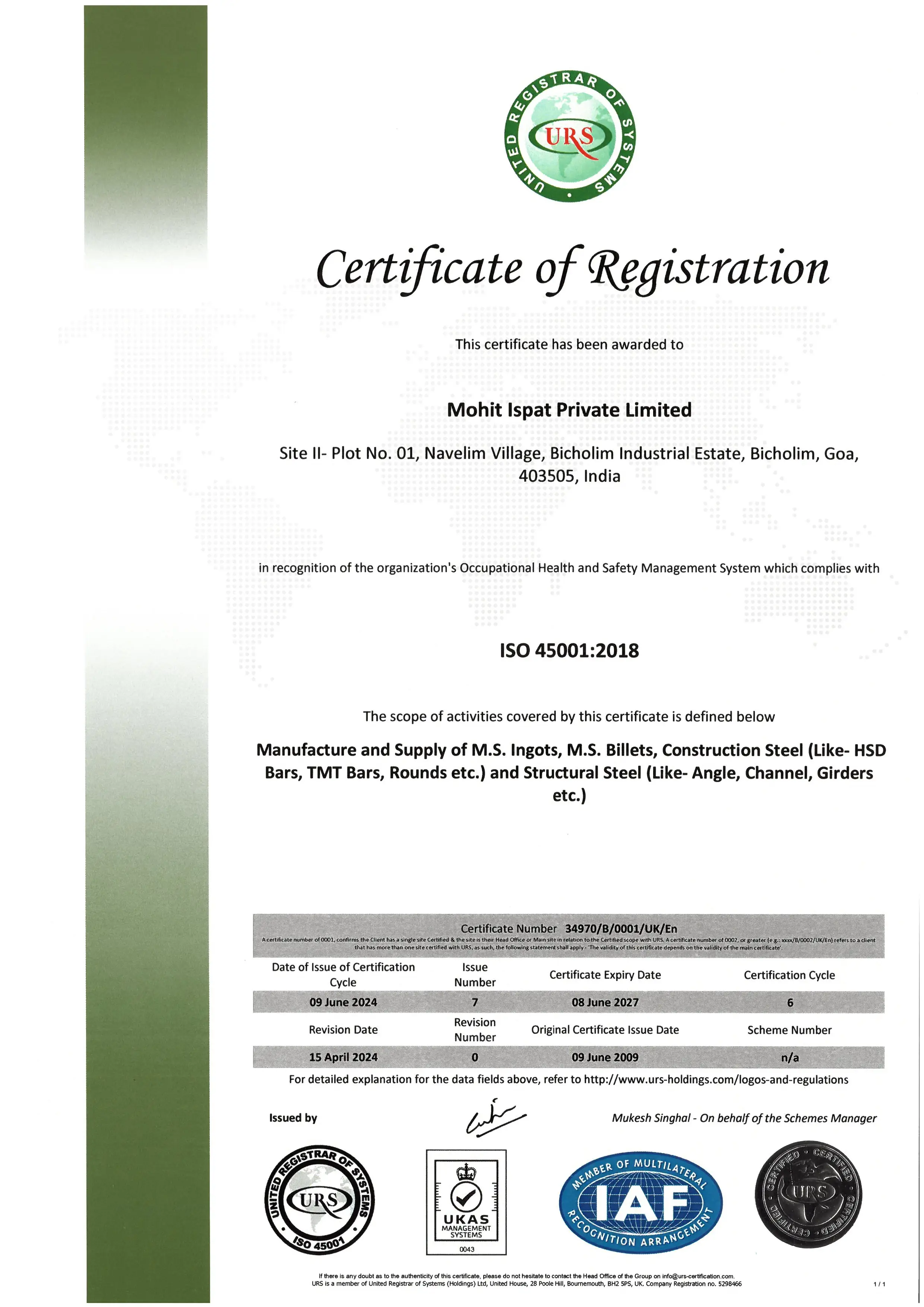 ISO 45001:2018 Occupational Health & Safety Management System Certificate