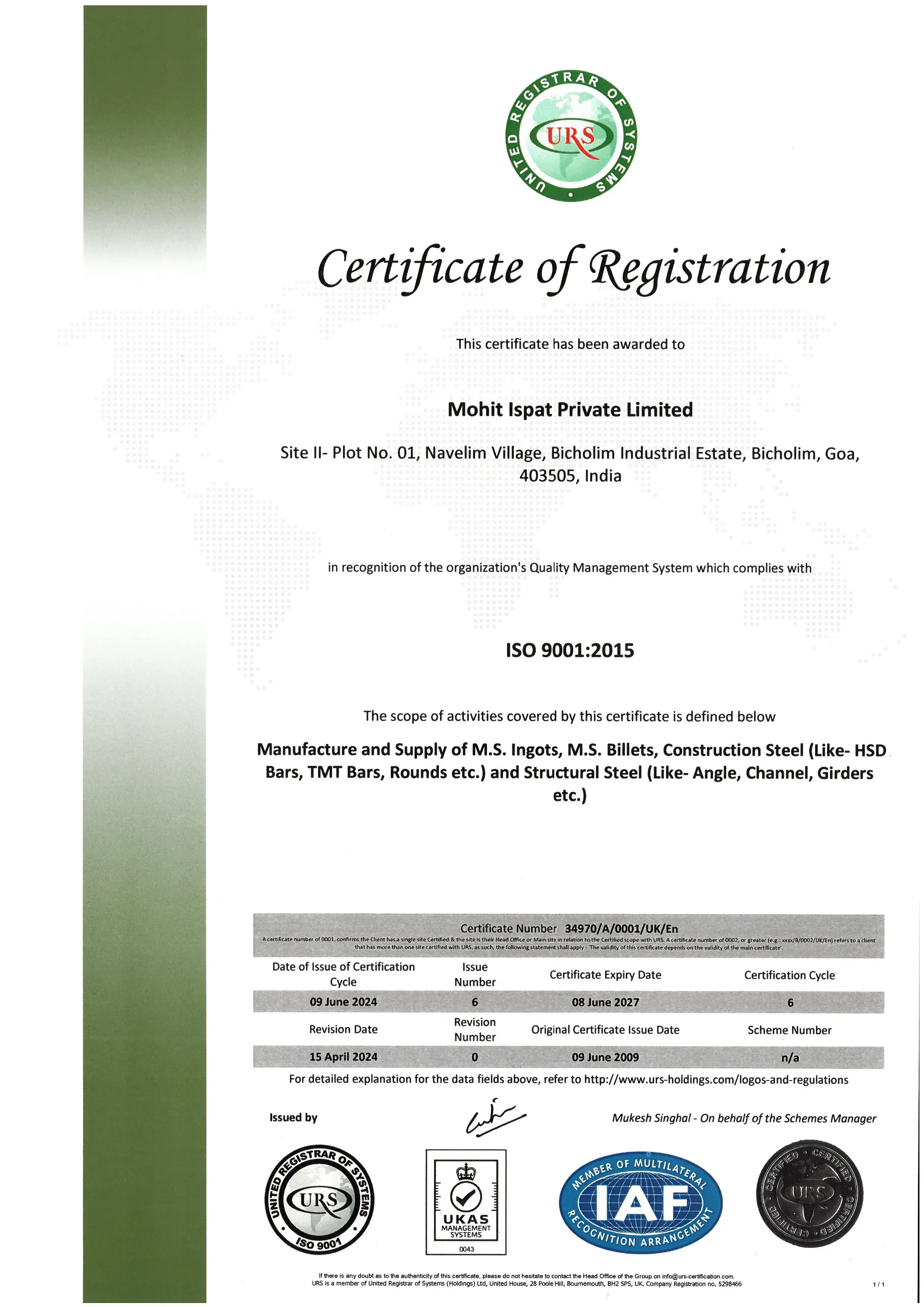 ISO 9001:2015 Quality Management System Certificate